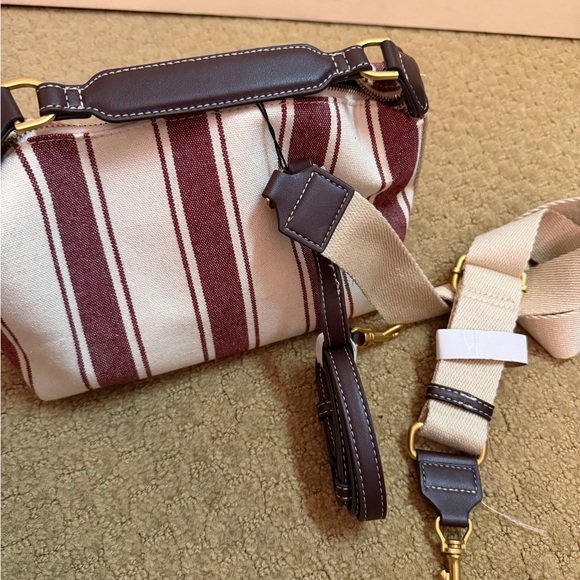 Zara Burgundy and White Striped Handle Bag with brown accents and 2 straps - Picture 6 of 6